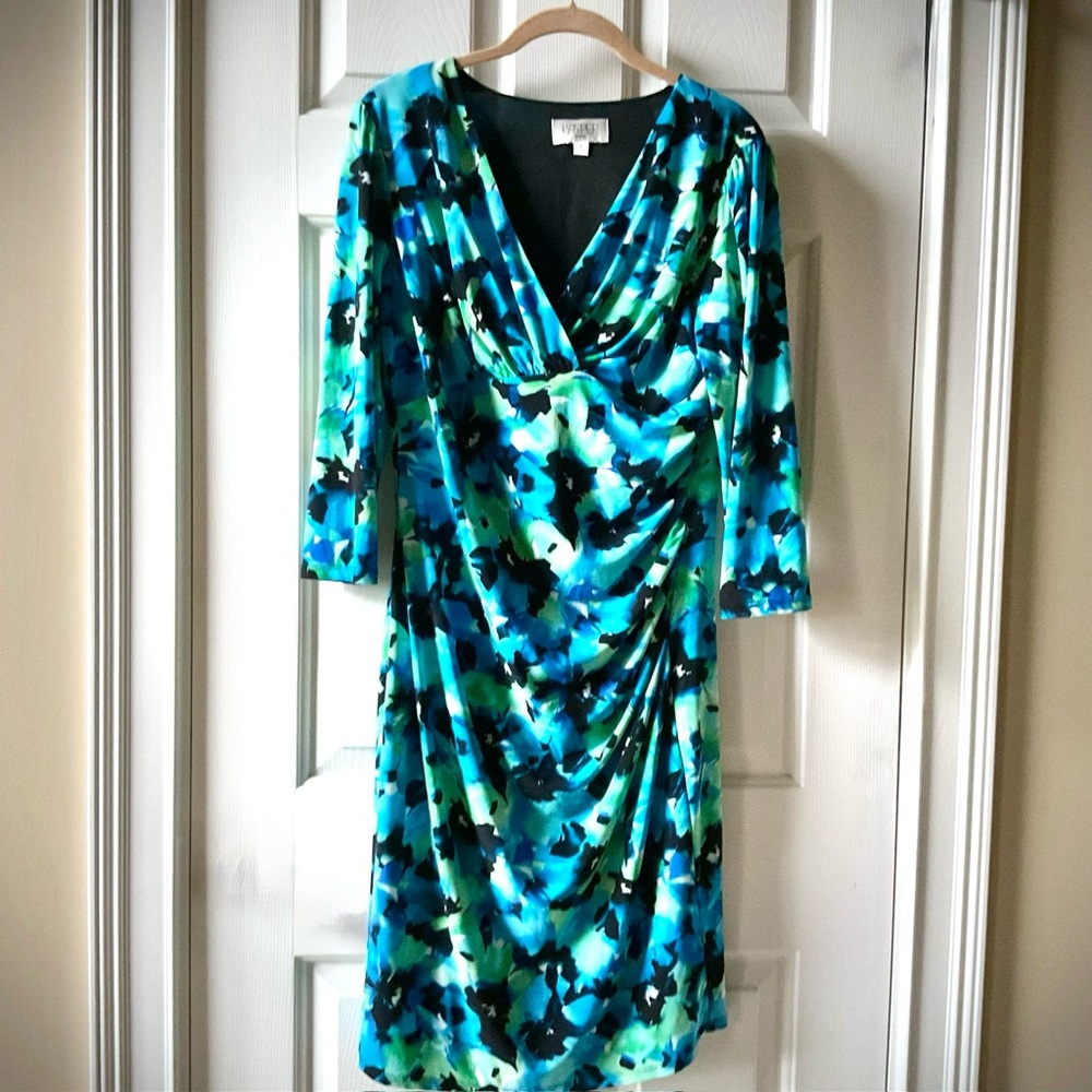 Kasper Blue and Green Floral 3/4 Sleeve Knee Length Dress Size 12